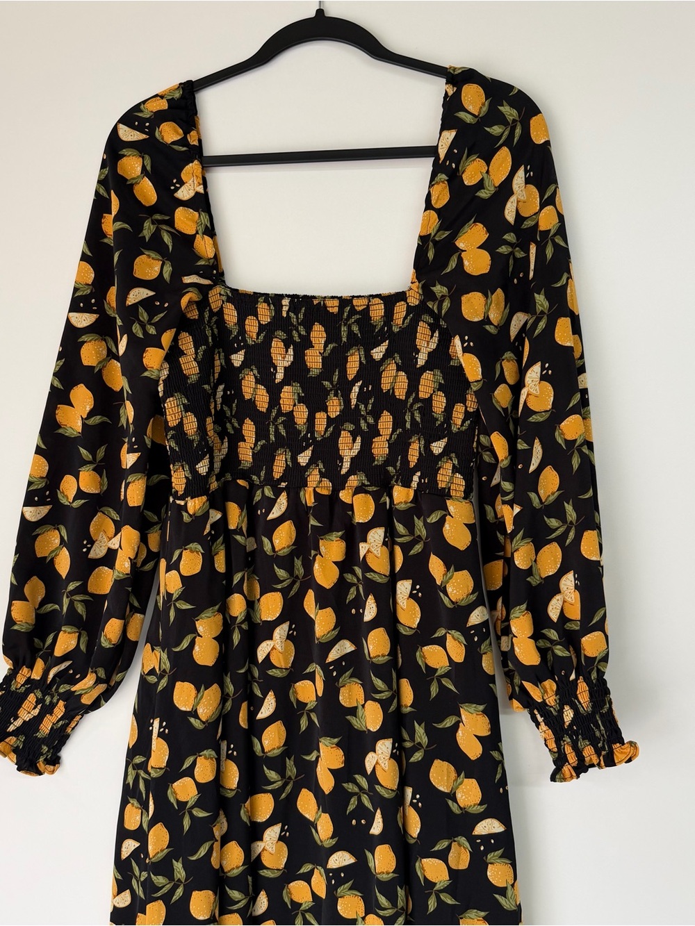 O.P.T Women's Classic Smocked Black & Yellow Lemon Print Square Neck Midi Dress - Picture 6 of 6